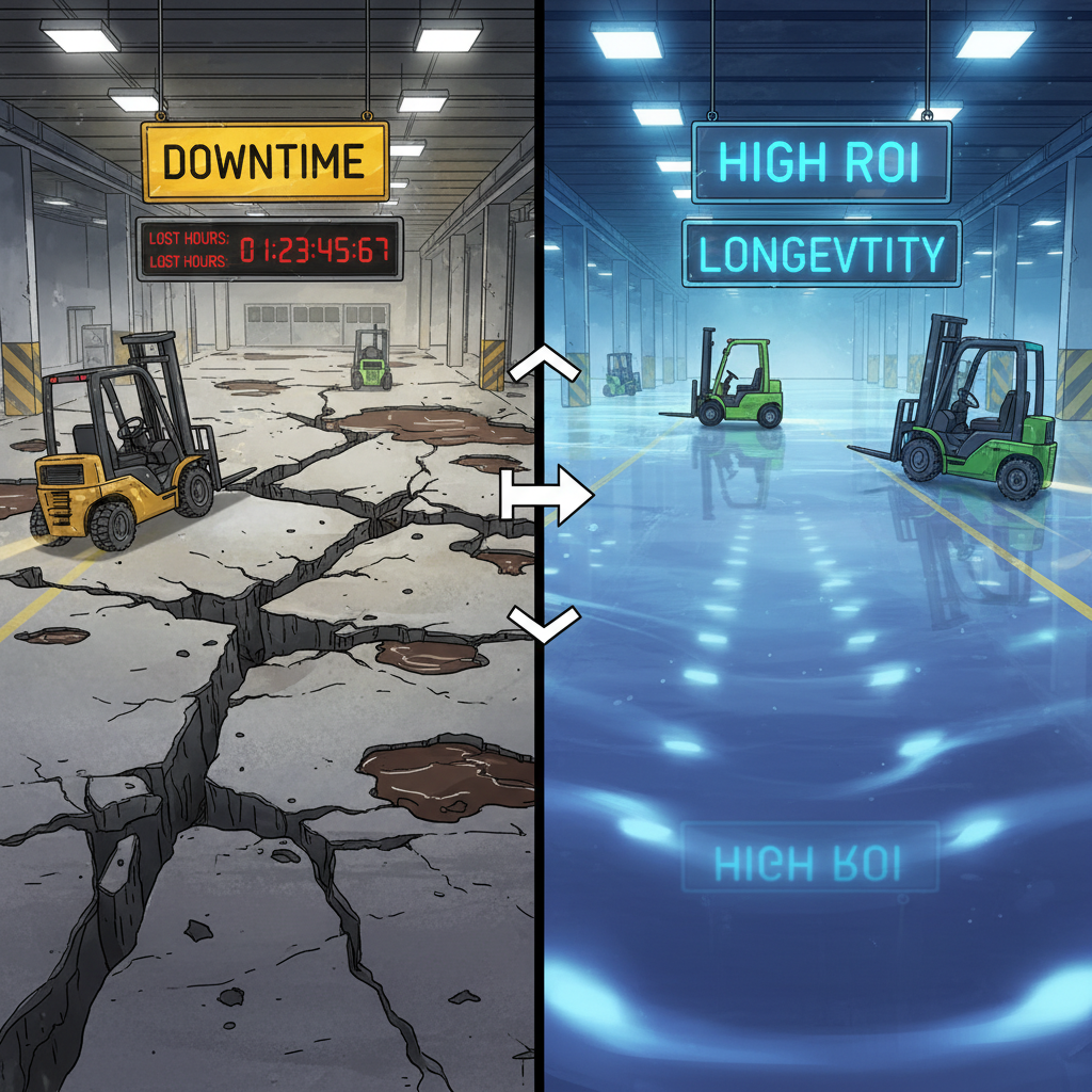 A dynamic, split-panel illustration comparing two industrial factory floors. Left panel: a heavily damaged, cracked, and spalling concrete floor with a 'Downtime' sign and a digital clock showing lost hours, symbolizing financial drain. Forklifts navigate precariously. Right panel: a pristine, seamless, highly durable adamantine floor with a 'Longevity' or 'High ROI' sign, showing smooth operations and a secure foundation. Style: modern, infographic-style, clean lines, vibrant contrast between the two states.