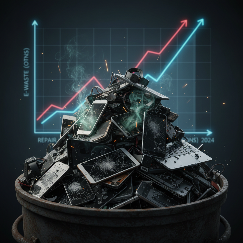 A pile of broken consumer electronics with cracked screens and damaged casings, symbolizing the economic waste and frustration caused by product fragility and planned obsolescence.