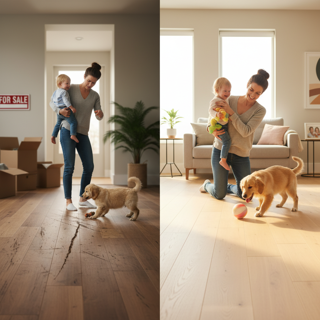 The Cycle of Flooring Frustration vs. Lasting Resilience A split image illustrating the contrast between a frustrated family on a scratched floor and a happy family on a durable, pristine floor, symbolizing frequent replacement versus long-lasting resilience.