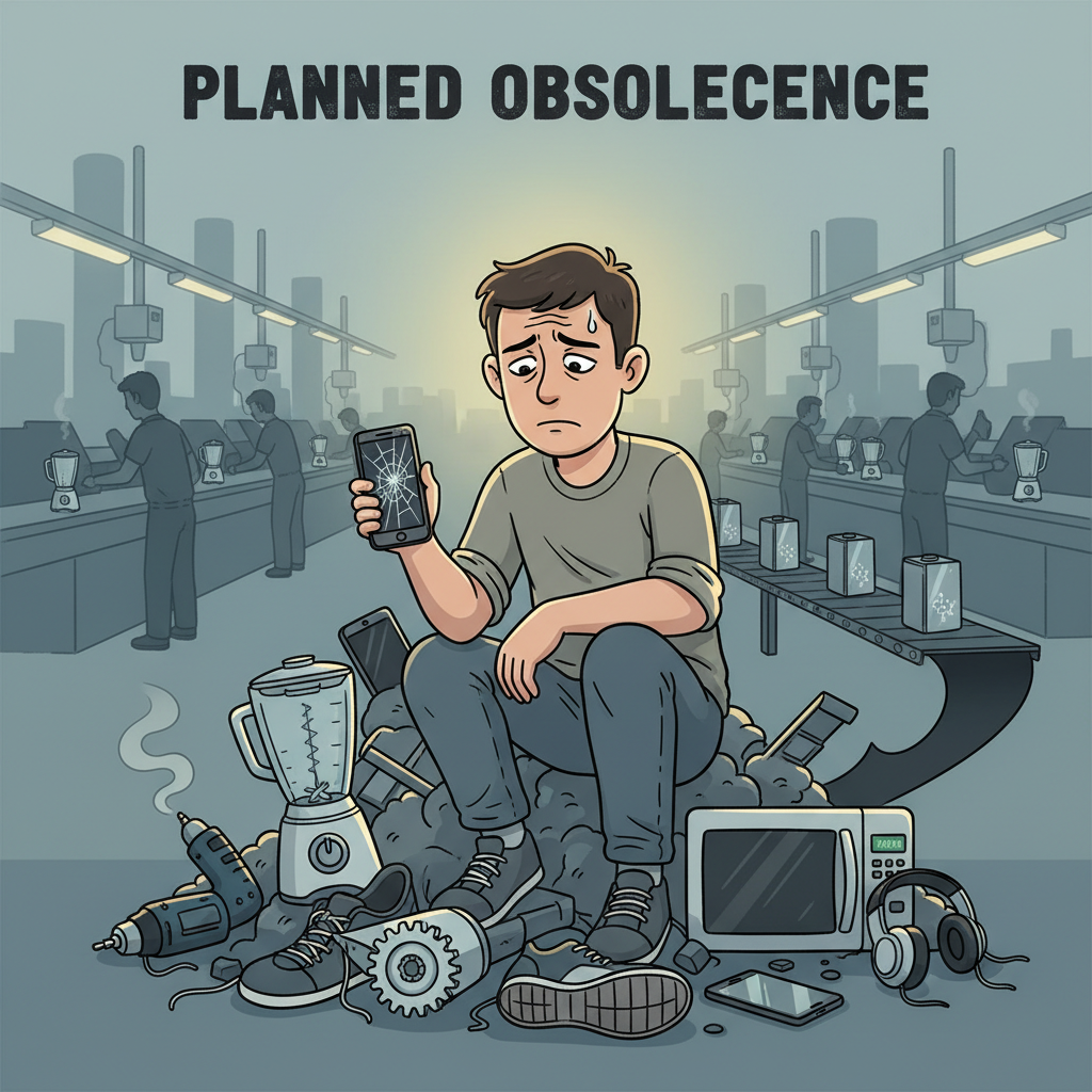 An illustration depicting a frustrated consumer surrounded by broken products, symbolizing planned obsolescence.