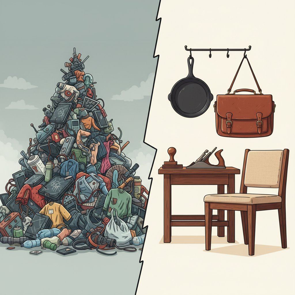A split illustration showing a chaotic pile of broken items on one side (disposable age) and well-maintained, classic durable goods on the other (durable design).