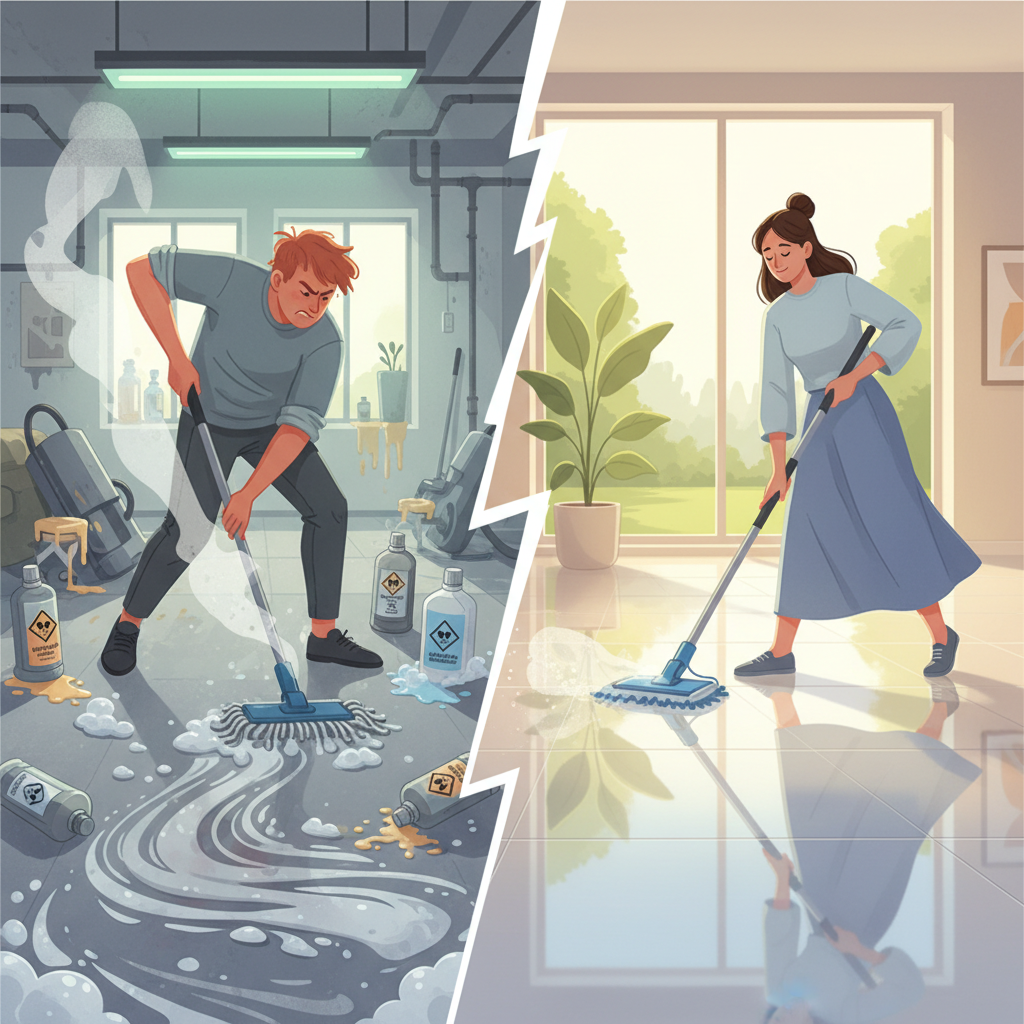 The 'Do Less' Approach to Floor Care A split image showing a frustrated person scrubbing a cloudy floor on the left, contrasted with a calm person using a microfiber mop on a sparkling Adamantine floor on the right, illustrating the 'do less' approach.