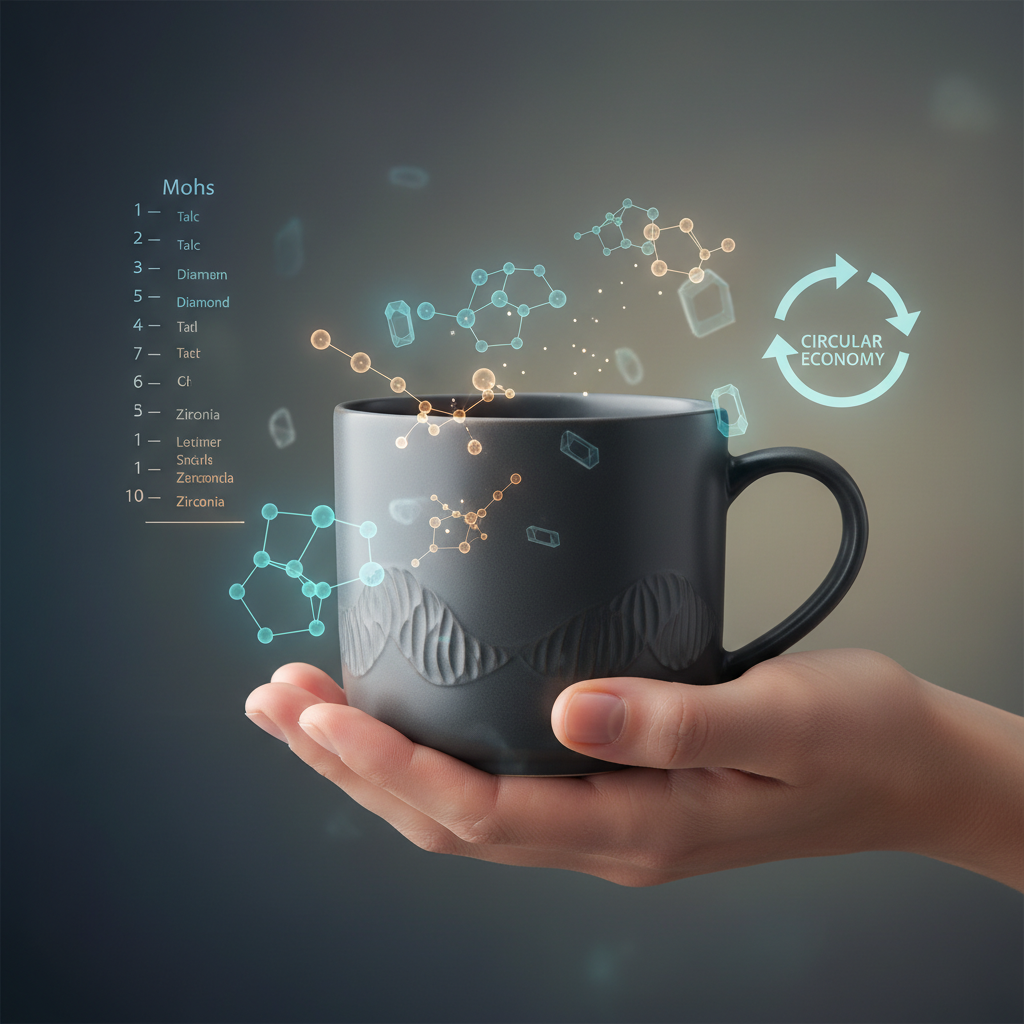 A sophisticated visual representing the fusion of physical and emotional durability. In the foreground, a beautifully designed, high-quality product (e.g., a minimalist watch, a sturdy ceramic mug, or a well-crafted wooden tool) is held gently by a human hand, conveying a sense of care and attachment. In the background, subtle, glowing graphical overlays show scientific elements: a simplified Mohs hardness scale, abstract molecular structures, and a faint 'circular economy' icon, all hinting at the material science and sustainable impact behind its longevity. Style: elegant, modern, with a blend of photorealism for the product and subtle abstract graphics.