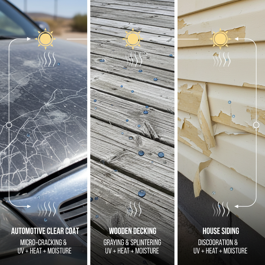 A split-panel or collage image showing different exterior surfaces suffering from sun damage. One panel shows a car's clear coat with visible micro-cracking, dullness, and a chalky appearance. Another shows a wooden deck with gray, faded, and splintering wood. A third shows discolored, peeling house siding. Subtle visual cues like a strong sun icon, heat waves, and water droplets (representing moisture) should emphasize the 'fading triad' as contributing factors.