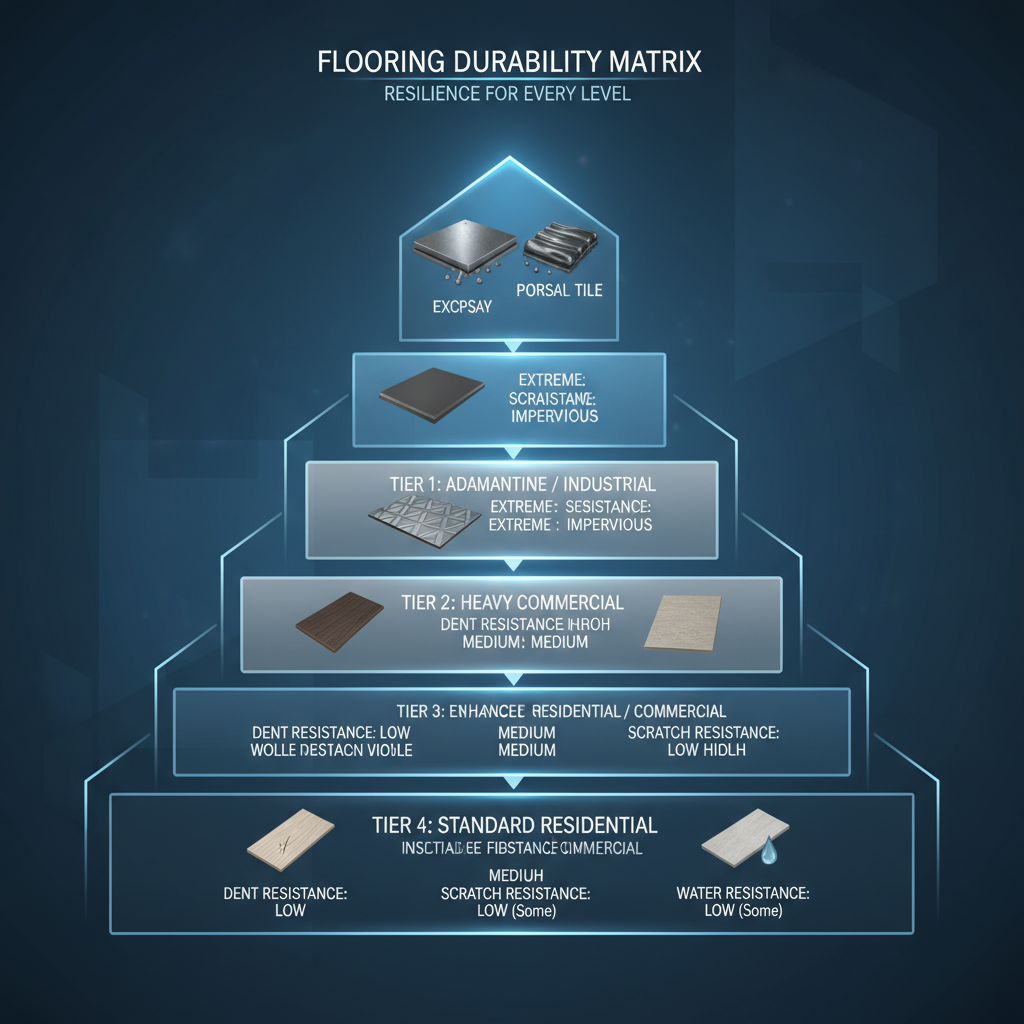 Multi-tiered infographic showing flooring durability from Tier 4 (Standard Residential) to Tier 1 (Adamantine/Industrial), with icons and resistance levels.