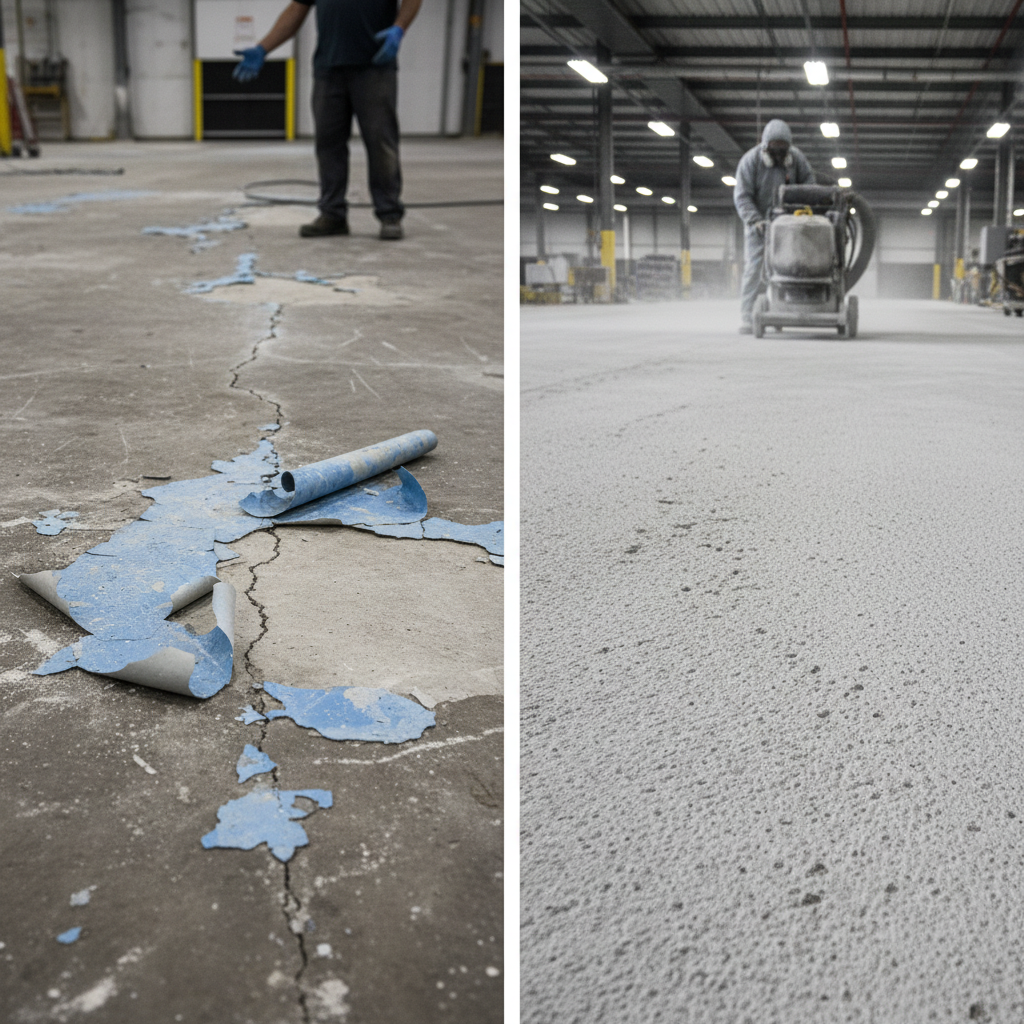 A side-by-side comparison of concrete surface preparation for industrial flooring. Left panel: a rough, dusty, unprepared concrete surface with visible cracks and a peeling, failed coating, indicating poor adhesion. Right panel: a clean, mechanically profiled concrete surface (e.g., a visible shot-blasted texture with a CSP profile), showing optimal porosity for resin bonding. In the background, a professional installer operates a shot blaster or diamond grinder. Style: photorealistic, industrial, clear distinction between good and bad preparation.