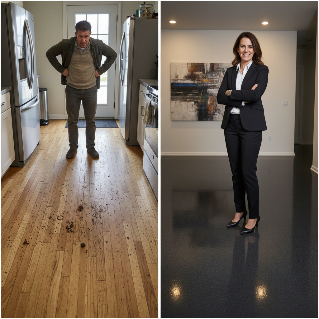 A split-panel image. On the left, a visibly worn, scratched, and slightly water-damaged floor in a busy kitchen or entryway, with a frustrated homeowner looking down. On the right, a pristine, sleek, and modern 'adamantine' floor, gleaming and untouched, with a confident homeowner smiling. Style: realistic, clean, contrasting colors, cinematic lighting.