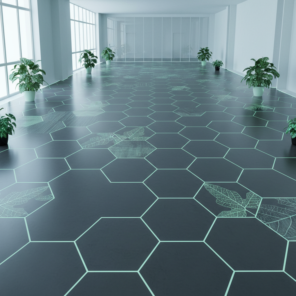 A futuristic and sustainable 'smart floor' concept. The floor surface is sleek and modern, with subtle, glowing hexagonal patterns or lines indicating embedded sensors and data flow. Integrated into the design are organic, bio-inspired textures (like faint leaf veins or natural wood patterns) and elements suggesting 3D printing (e.g., a subtle layered effect in some areas). A soft, ambient light emanates from the floor, hinting at intelligence and environmental consciousness.