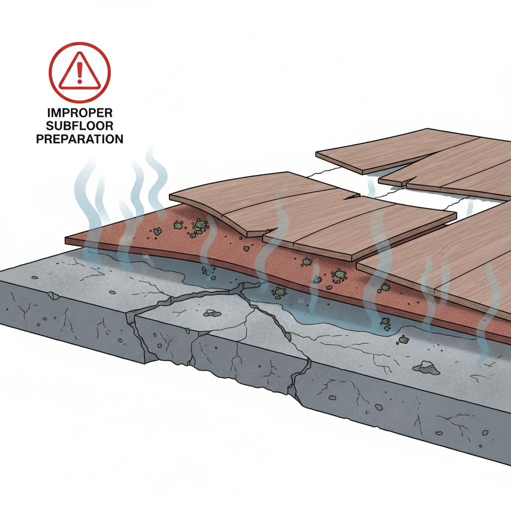 A cutaway illustration showing an uneven subfloor with rising moisture causing vinyl planks to warp, cup, and separate, with hints of mold.