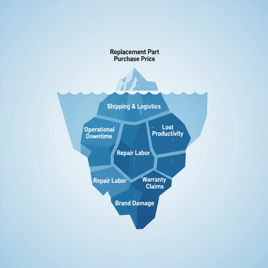 An infographic-style illustration of an iceberg. The small tip above the water should be clearly labeled 'Replacement Part Purchase Price'. The much larger, submerged portion of the iceberg should be segmented and labeled with various hidden costs: 'Shipping & Logistics', 'Operational Downtime', 'Lost Productivity', 'Repair Labor', 'Brand Damage', and 'Warranty Claims'. The overall mood should be stark, highlighting the vastness of the hidden costs. Style: clean, professional infographic, subtle blue and white tones.