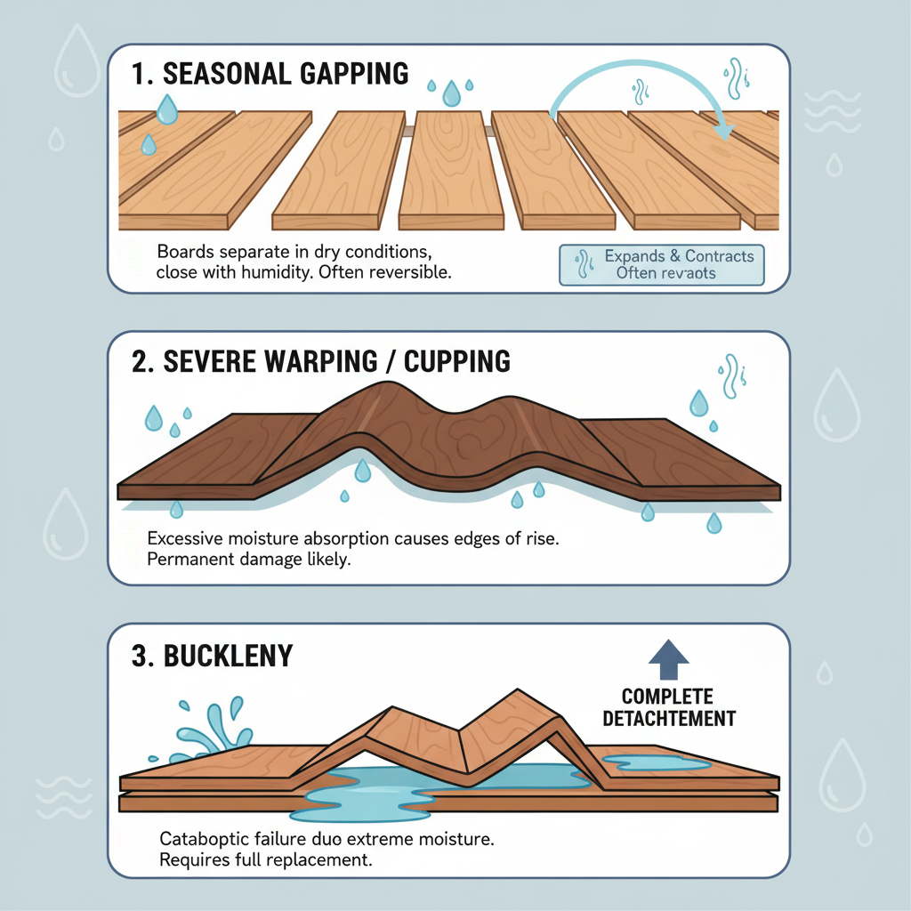 Infographic showing three types of flooring failure due to moisture: seasonal gapping, severe warping/cupping, and buckling, with explanatory labels.