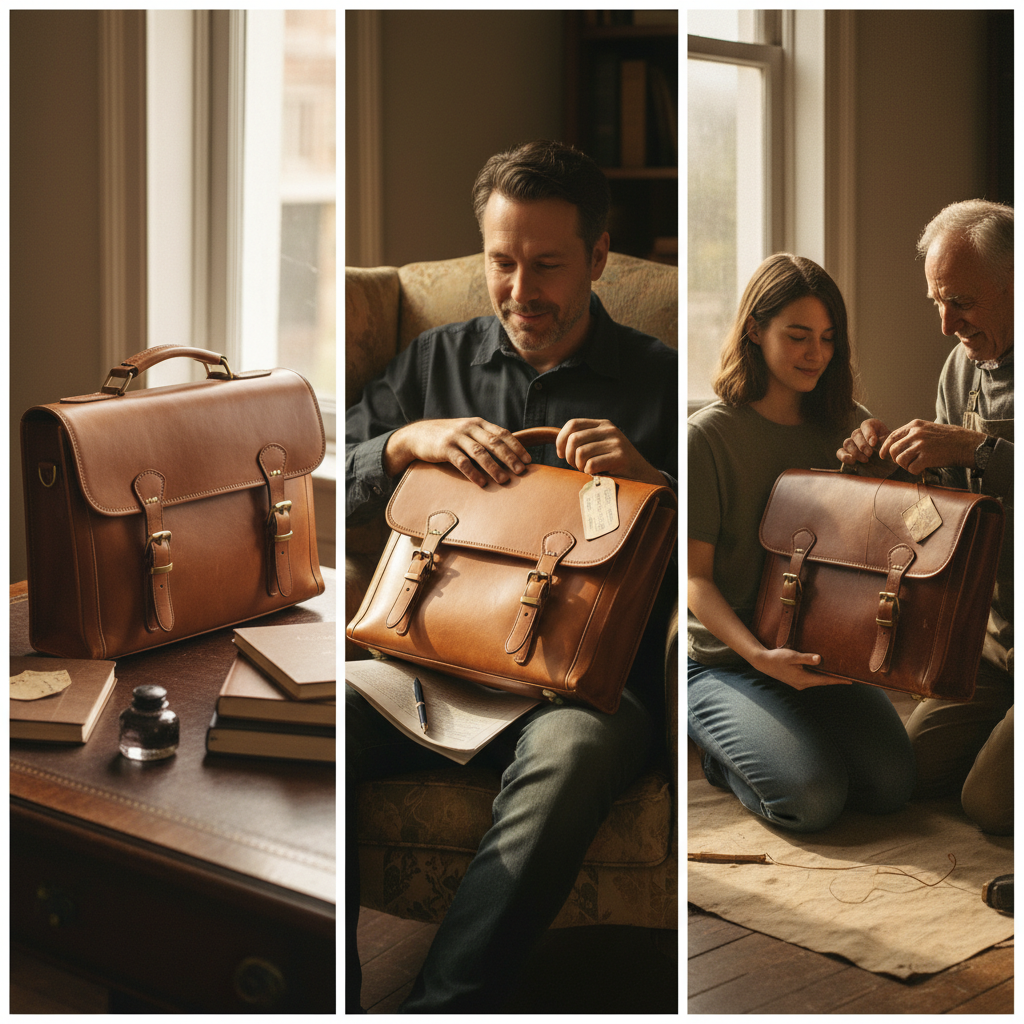 A multi-panel or sequential image showing a single, high-quality product evolving over time, emphasizing emotional and social durability. Panel 1: The product (e.g., a classic leather briefcase or a sturdy wooden chair) appears new and pristine. Panel 2: The same product years later, showing signs of graceful wear, a rich patina, and minor character marks from use, being cherished by its owner. Panel 3: The product, perhaps decades later, still functional, beautiful, and potentially being passed down or repaired, symbolizing a lasting bond and long-term value. Style: warm, nostalgic photography, emphasizing texture, history, and the emotional connection to objects.