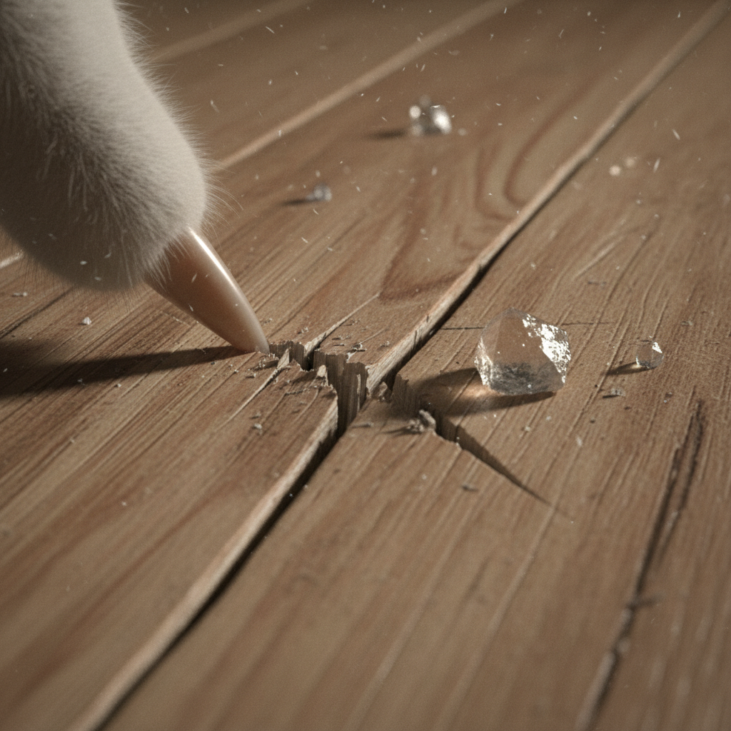 Close-up of a floor being scratched by a grain of sand or pet claw, illustrating microscopic mechanics of floor damage.