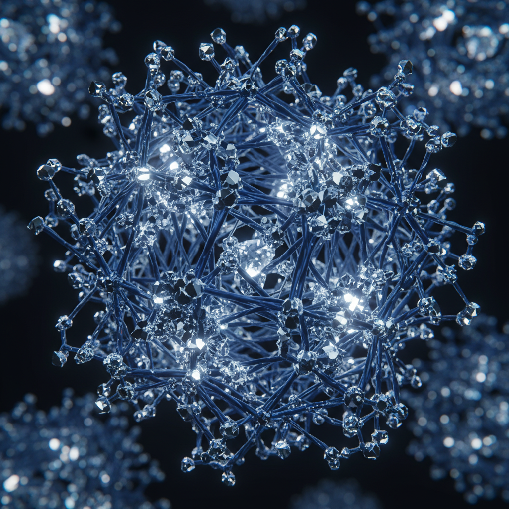 A sophisticated, microscopic 3D render illustrating polymer cross-linking. Visualize a dense, intricate network of interconnected, glowing molecular chains forming a tight, three-dimensional structure. Embedded within this robust matrix are small, crystalline, ultra-hard mineral aggregates (e.g., stylized quartz or aluminum oxide particles) that appear to be reinforcing and strengthening the polymer bonds. The overall impression should be one of immense strength, density, and molecular integrity.