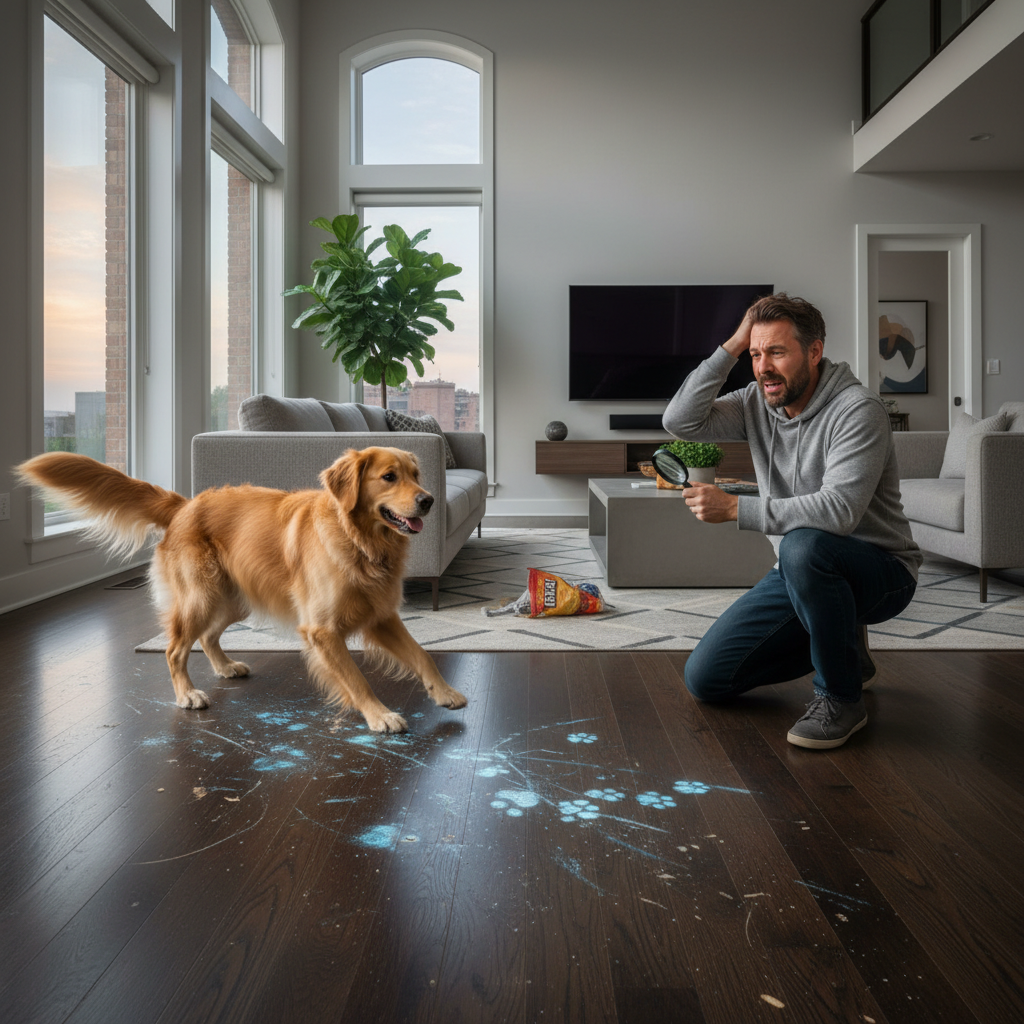 A modern living room with a dog playing, leaving scratch marks on a damaged hardwood floor, and a homeowner examining the damage with dismay.