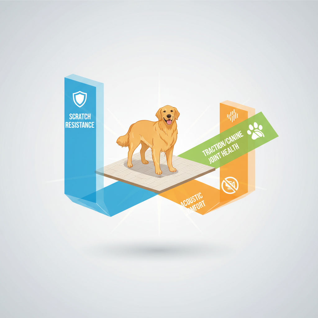 An infographic showing a three-dimensional matrix balancing 'Scratch Resistance,' 'Traction/Canine Joint Health,' and 'Acoustic Comfort' with a happy dog at the balanced center.
