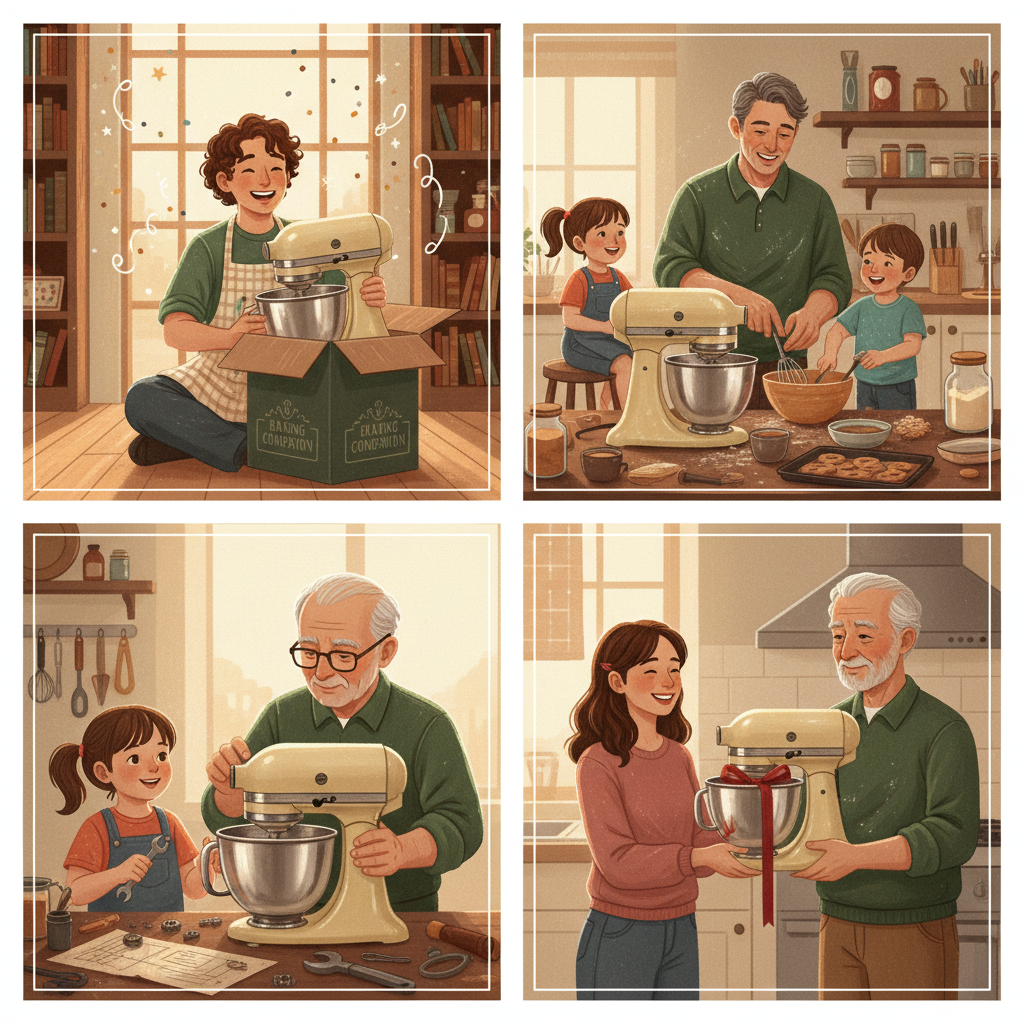 A heartwarming, multi-generational illustration showing the lifecycle of a single, beautifully designed consumer product (e.g., a classic stand mixer, a robust camera, or a well-crafted piece of furniture). Panel 1: A young person proudly unboxes the new product. Panel 2: The product being actively used and cherished by a family over many years. Panel 3: The product being carefully repaired or upgraded, perhaps with a child watching. Panel 4: The same product, slightly worn but still fully functional and aesthetically pleasing, being passed down to a new generation.