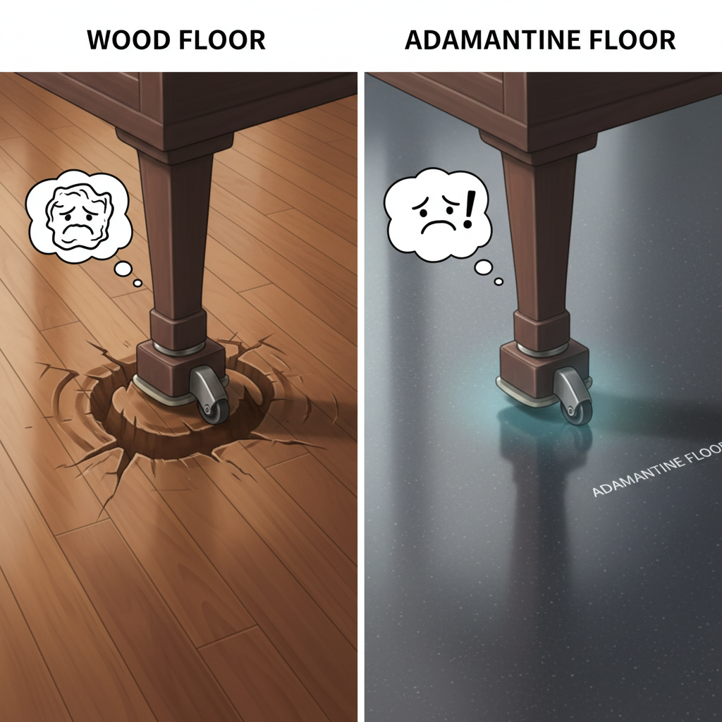 A split-panel illustration comparing a dented wooden floor with heavy furniture to a pristine, undamaged 'adamantine' floor with the same furniture.