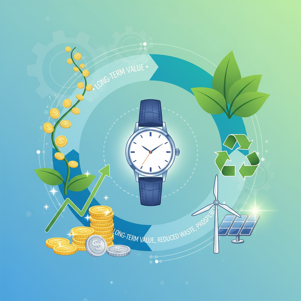 A conceptual illustration depicting a circular economy with a high-quality product at the center, surrounded by symbols of financial growth and environmental sustainability.