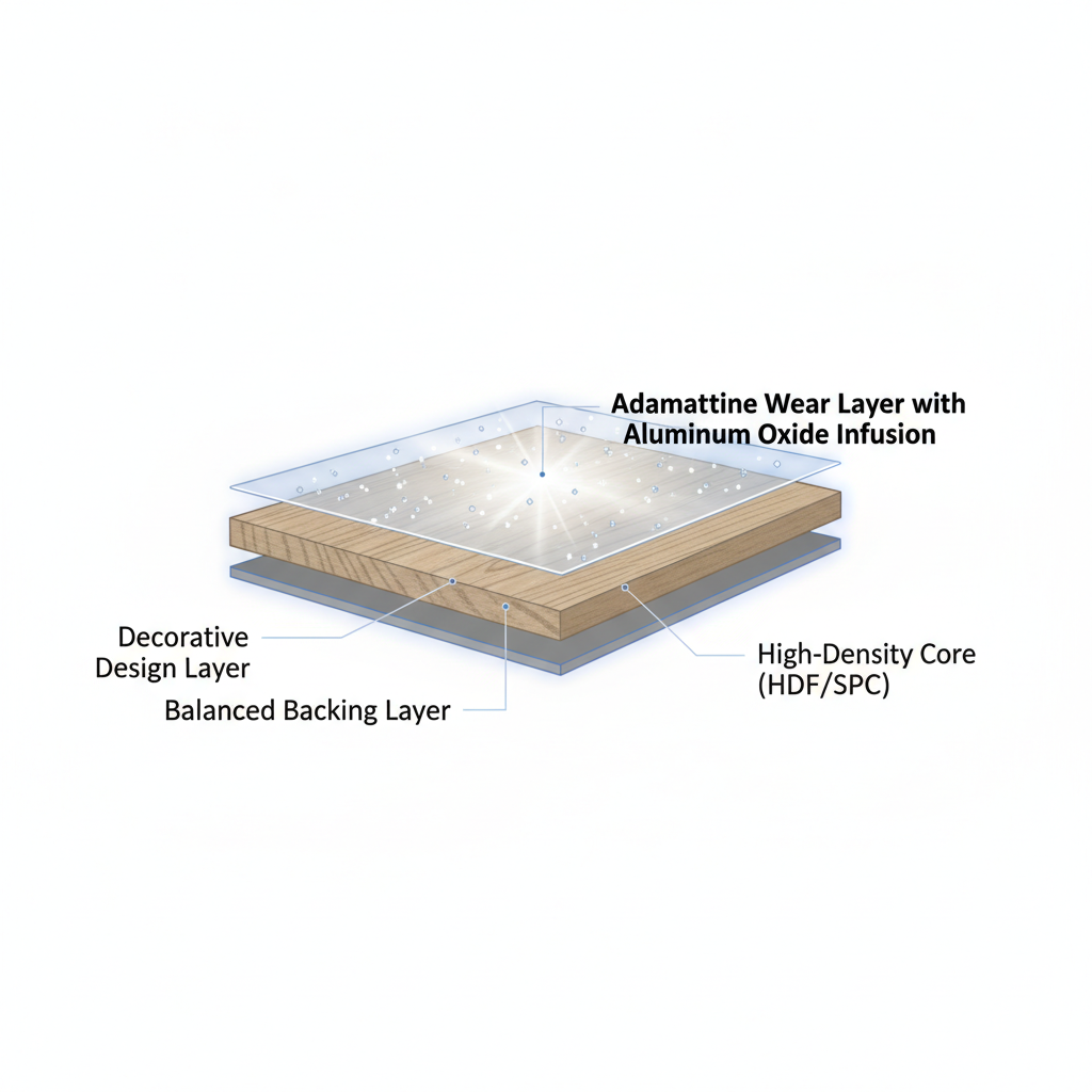 A detailed 3D cross-section diagram of a multi-layered flooring plank, highlighting the 'Adamantine Wear Layer with Aluminum Oxide Infusion'.