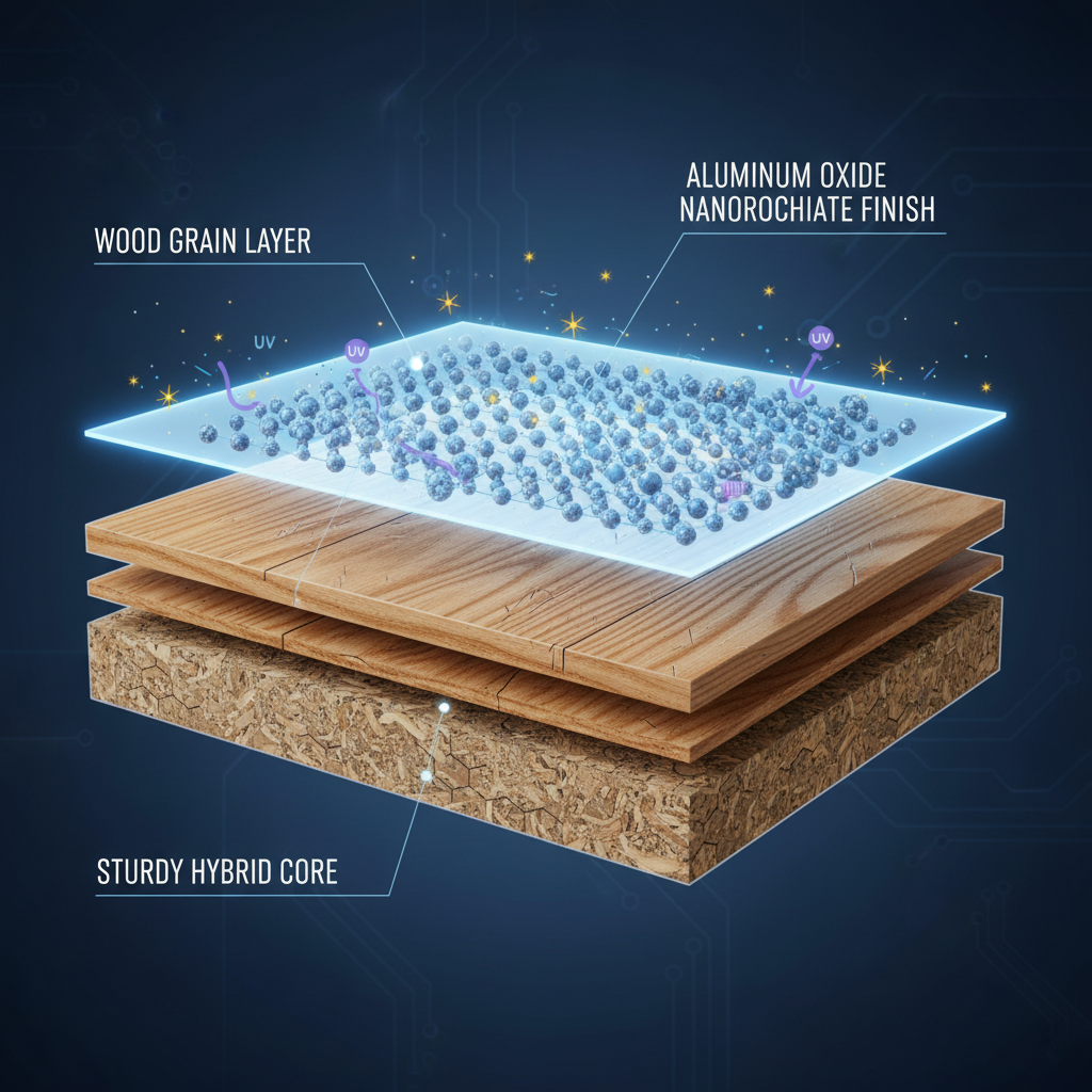 The Science Behind Adamantine's Durable Finish Cross-section diagram of an adamantine flooring plank, showing a hybrid core topped with a glowing aluminum oxide nanoparticle finish deflecting impacts and UV rays.