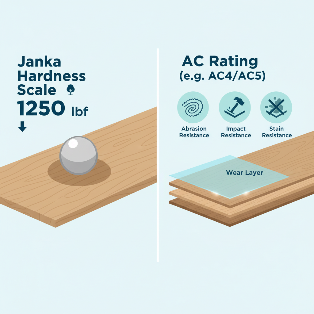 An infographic illustrating the Janka Hardness Scale for wood flooring with a steel ball indentation, and AC Ratings for laminate flooring showing layers resistant to abrasion, impact, and staining.