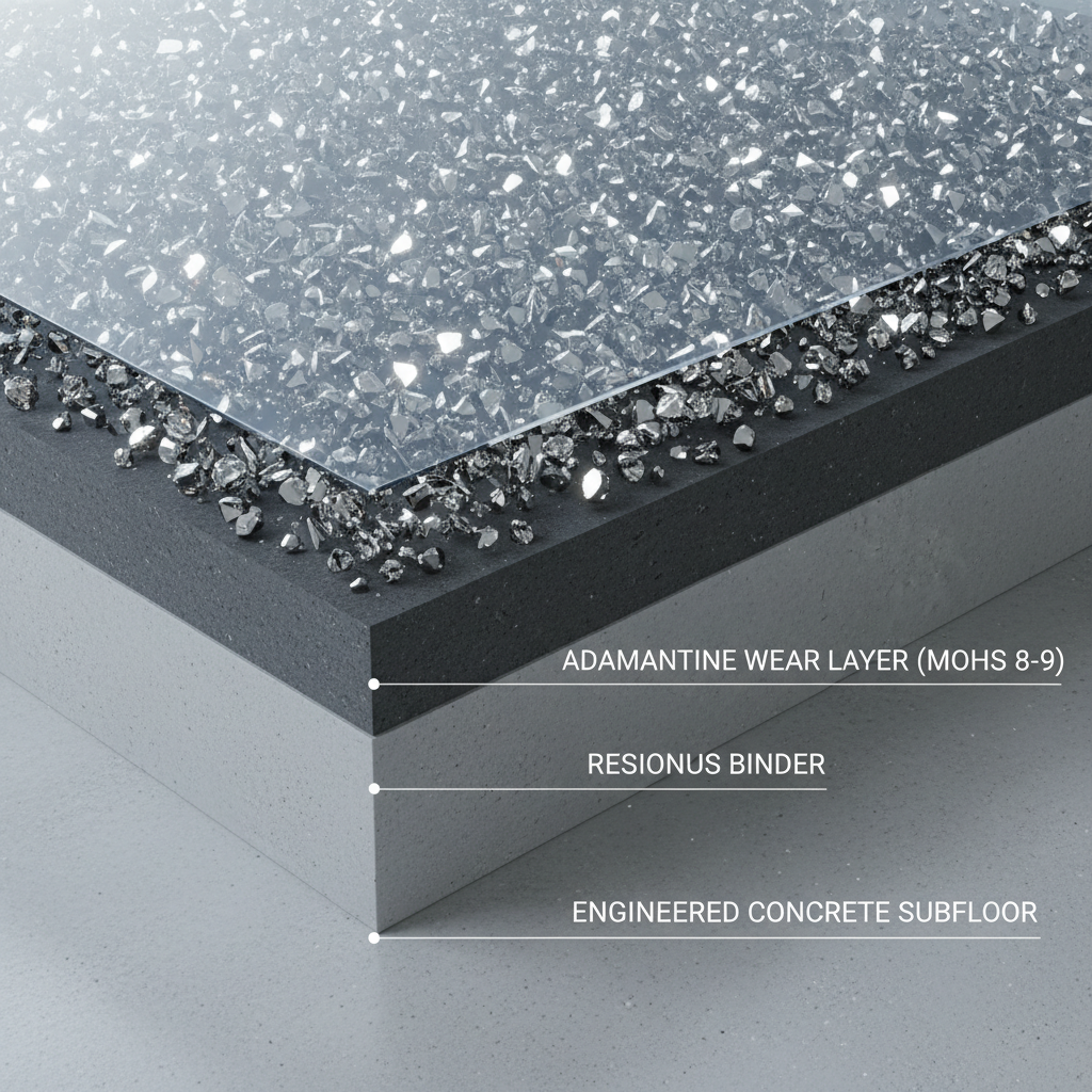A highly detailed, photorealistic cross-section of adamantine flooring. Show a thick, clear top layer embedded with sparkling, diamond-like aggregates (quartz, aluminum oxide, synthetic diamond dust) over a robust resinous binder layer. Below, a perfectly prepared concrete subfloor. The aggregates should appear extremely hard and dense, with a subtle glow representing extreme durability and a Mohs hardness of 8-9. Emphasize the engineered matrix. Style: scientific illustration, high-tech, clean, precise.