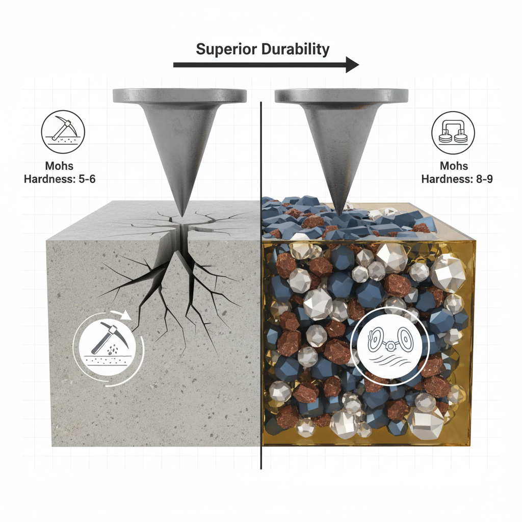 A detailed cross-section illustration comparing standard concrete floor cracking under load with an adamantine fortified floor showing dense aggregates and high wear resistance, referencing Mohs hardness and Taber Abrasion Test.