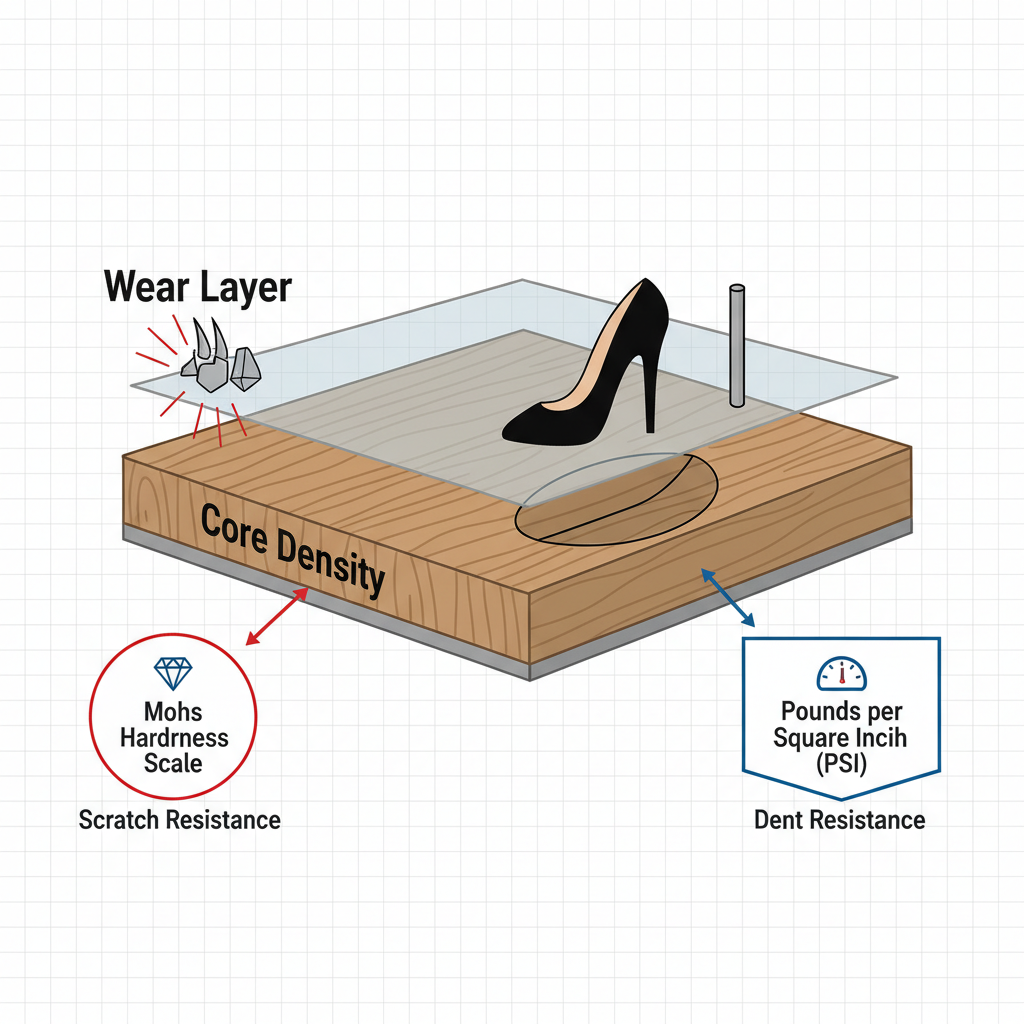 A detailed infographic-style illustration of floor durability. Show a magnified cross-section of a flooring plank. On the left, illustrate a sharp object (like a dog's claw or a piece of grit) attempting to scratch the top wear layer, with an arrow pointing to a 'Mohs Hardness Scale' label. On the right, depict a high-heeled shoe or a narrow furniture leg pressing down, creating a dent in the core layer, with an arrow pointing to a 'Pounds per Square Inch (PSI)' label. Clearly label the 'Wear Layer' and 'Core Density'.