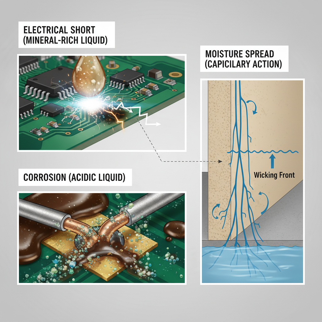 The Science of Liquid Damage Mechanisms A multi-panel illustration depicting liquid damage: a circuit board shorting from mineral-rich liquid, a corroding solder joint from acidic liquid, and capillary action showing liquid wicking up porous material.