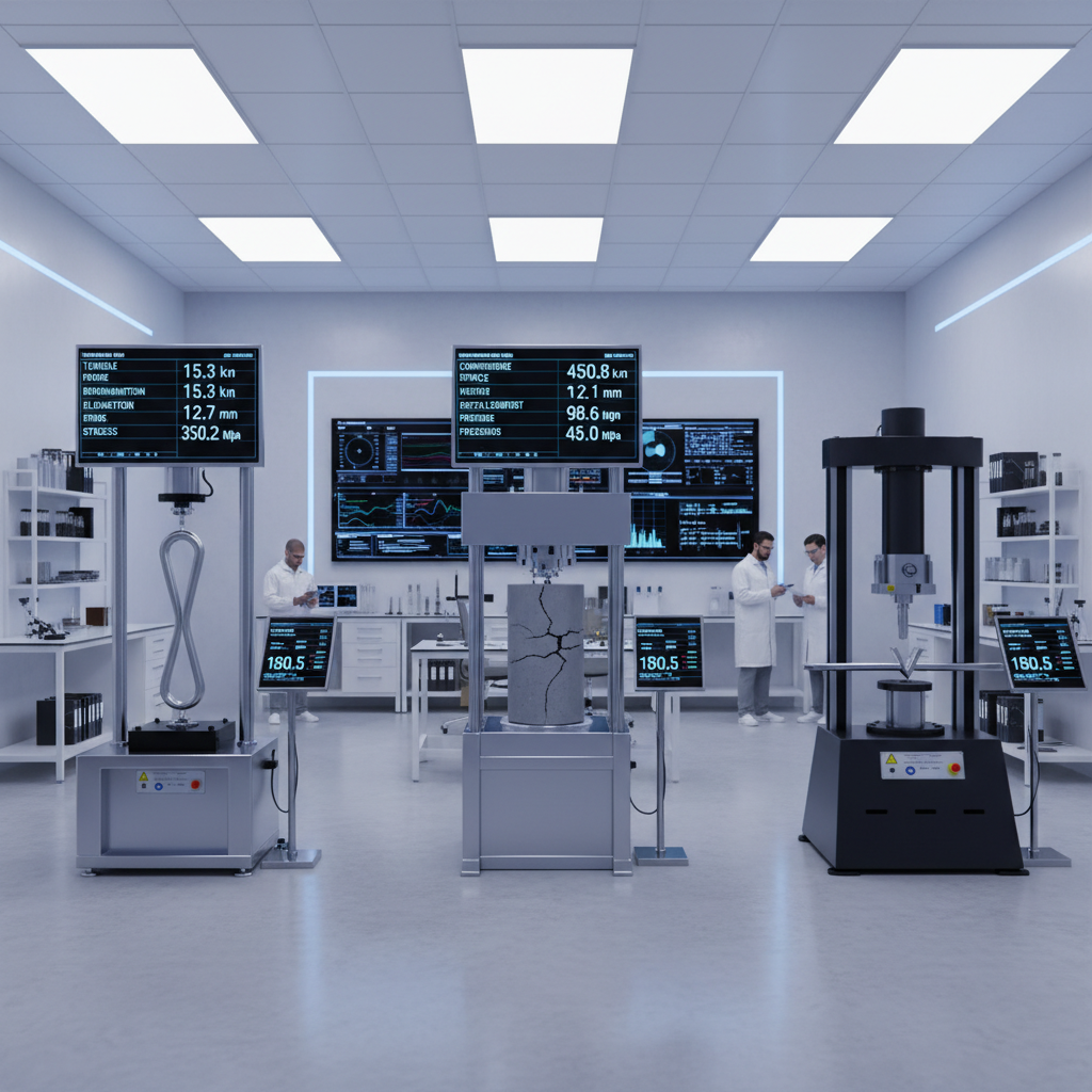 A laboratory setting showing various material durability tests: tensile, compressive, and impact resistance.