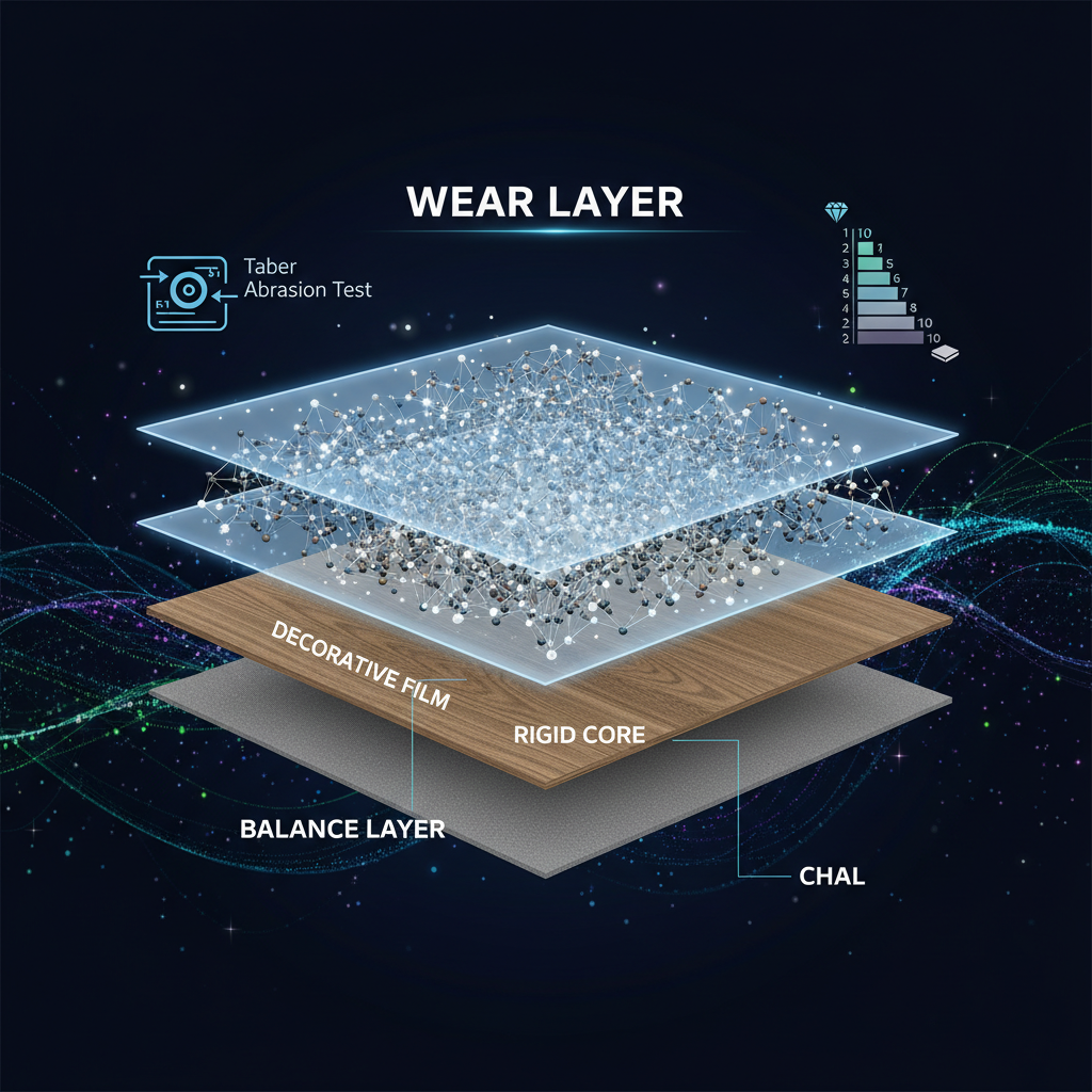 A detailed cross-section diagram of multi-layered flooring. The top layer, labeled 'Wear Layer,' is visibly thicker and has a subtle glow, illustrating microscopic aluminum oxide particles and tightly cross-linked polymer chains within its structure. To one side, a small icon of a Taber Abrasion Test machine is shown, and to the other, a simplified Mohs hardness scale. The background features subtle, abstract scientific data streams. Style: clean, modern infographic, semi-realistic, with clear labels.