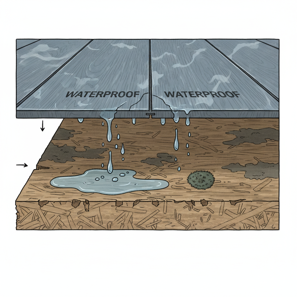A cutaway illustration of a home floor from a side view. On the surface, show 'waterproof' planks. Below, depict water actively seeping through the microscopic seams between the planks and pooling onto a wooden subfloor. Show subtle visual cues of the subfloor starting to rot and a small patch of mold beginning to form. The overall scene should convey a sense of hidden, insidious damage.