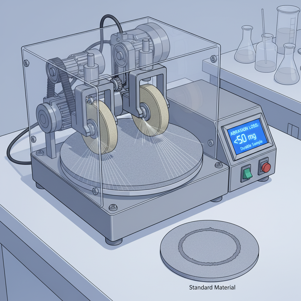 Scientific illustration of the Taber Abrasion Test, showing abrasive wheels rotating on a flooring sample to measure material loss, with a low milligram value indicating high abrasion resistance.