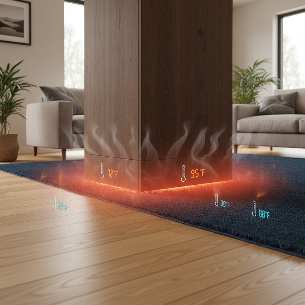 Illustration showing heat trapped under furniture on a radiant floor, causing localized temperature spikes.