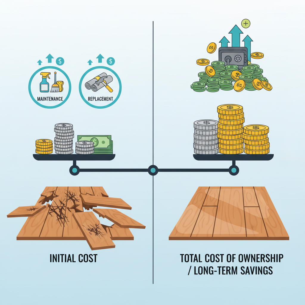 An infographic-style illustration depicting a balanced scale or a two-column comparison. On one side (representing 'Initial Cost'), show a smaller pile of money and a quickly deteriorating floor with scratches. On the other side (representing 'Total Cost of Ownership / Long-Term Savings'), show a larger initial investment but a pristine, durable floor and a significantly larger pile of money or growing savings over time. Use icons representing maintenance (cleaning supplies) and replacement (new flooring planks) on the 'Initial Cost' side to show recurring expenses.