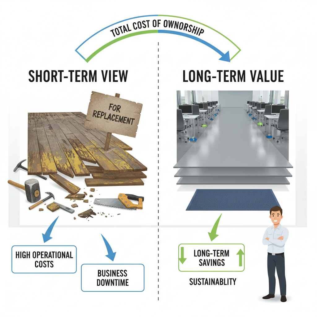 A comparative infographic illustrating the 'Total Cost of Ownership' for flooring. The left side (labeled 'Short-Term View') shows a worn-out, damaged floor with a 'FOR REPLACEMENT' sign, surrounded by construction tools, indicating high 'Operational Costs' and 'Business Downtime.' The right side (labeled 'Long-Term Value') shows a pristine, high-performance multi-layer floor with a long, durable entrance mat, furniture with protective felt pads, and a satisfied facility manager, labeled 'Long-Term Savings' and 'Sustainability.' Style: modern, clean infographic design, clear contrast between the two scenarios, with professional facility elements.
