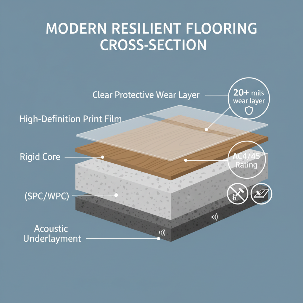 An educational infographic illustrating the cross-section of a modern resilient flooring plank (like LVP or SPC). Clearly label distinct layers: the bottom acoustic underlayment, the rigid core, the high-definition print film, and the clear protective wear layer on top. Include callouts for '20+ mils wear layer' and 'AC4/AC5 rating' with small icons representing scratch and dent resistance.