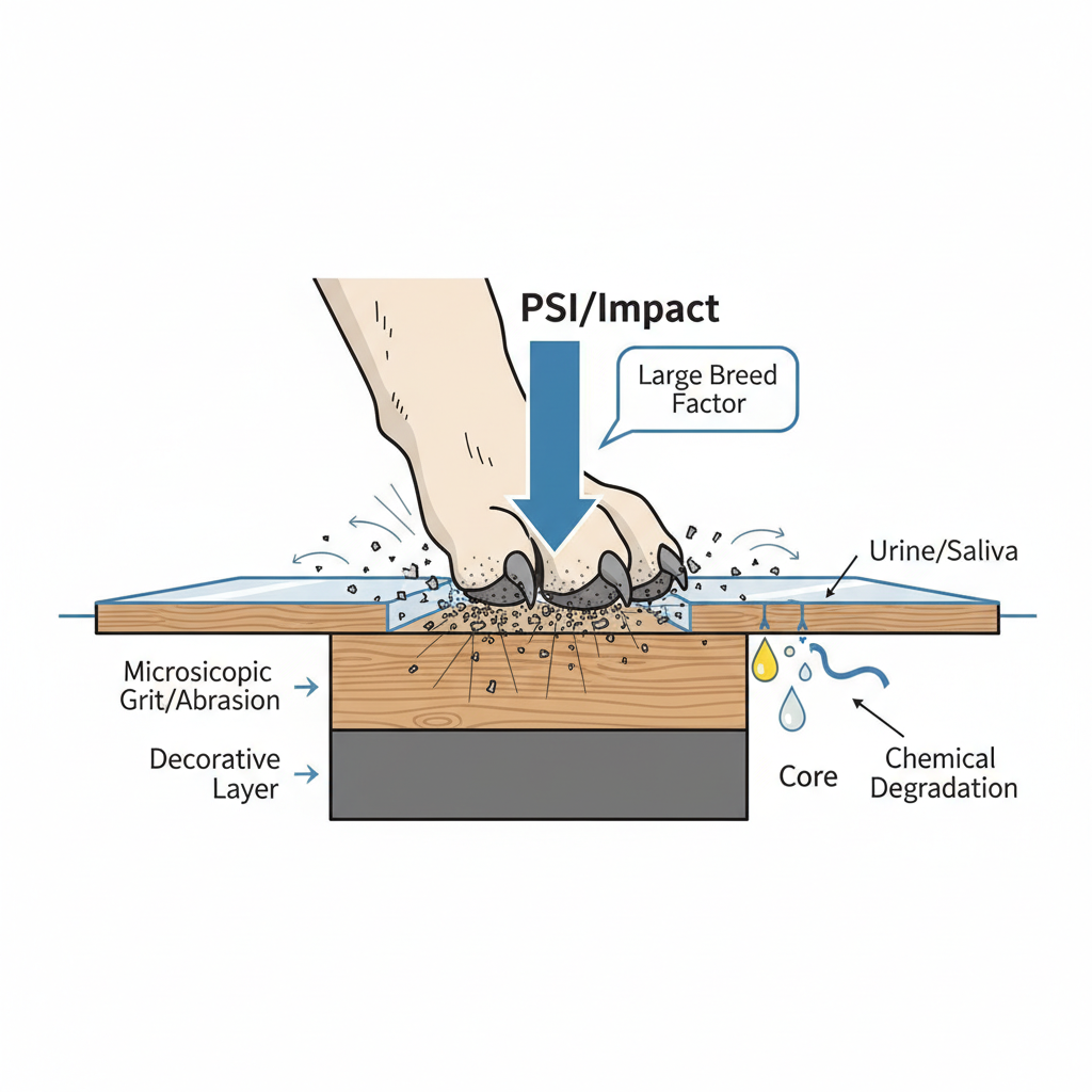 A detailed cross-section illustration of a floor with a dog's paw, highlighting PSI/Impact, Microscopic Grit/Abrasion, and Chemical Degradation as damage mechanisms.