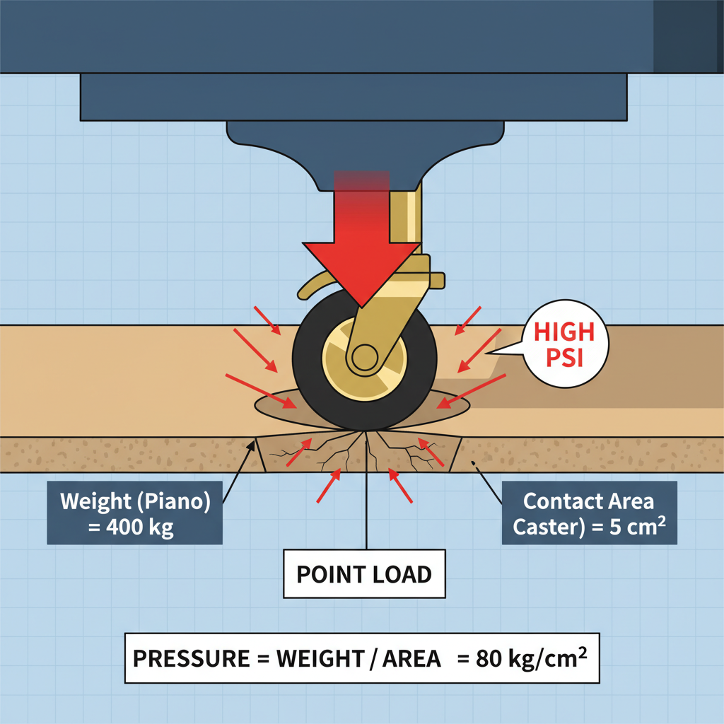 Infographic showing a grand piano caster wheel concentrating weight onto a small floor area, labeled PSI, causing a deep dent.