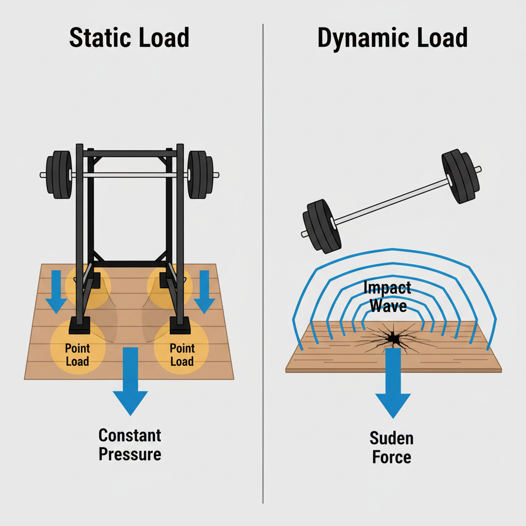 A clear, diagrammatic illustration explaining static vs. dynamic loads in a home gym. The left side depicts a heavy power rack with barbells, showing downward arrows and highlighted 'point load' areas where the rack feet contact the floor, symbolizing constant static pressure. The right side shows a barbell mid-drop, with radial 'impact wave' lines emanating from the point of contact on the floor, illustrating sudden dynamic force. Use a clean, infographic style with subtle shadows and clear labels for 'Static Load' and 'Dynamic Load'.