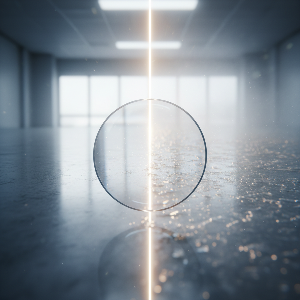 Understanding the Adamantine Residue Trap and Dullness Macro illustration of an adamantine floor surface, showing one half perfectly reflective and shiny, and the other half covered in a translucent film causing light to scatter and appear dull.