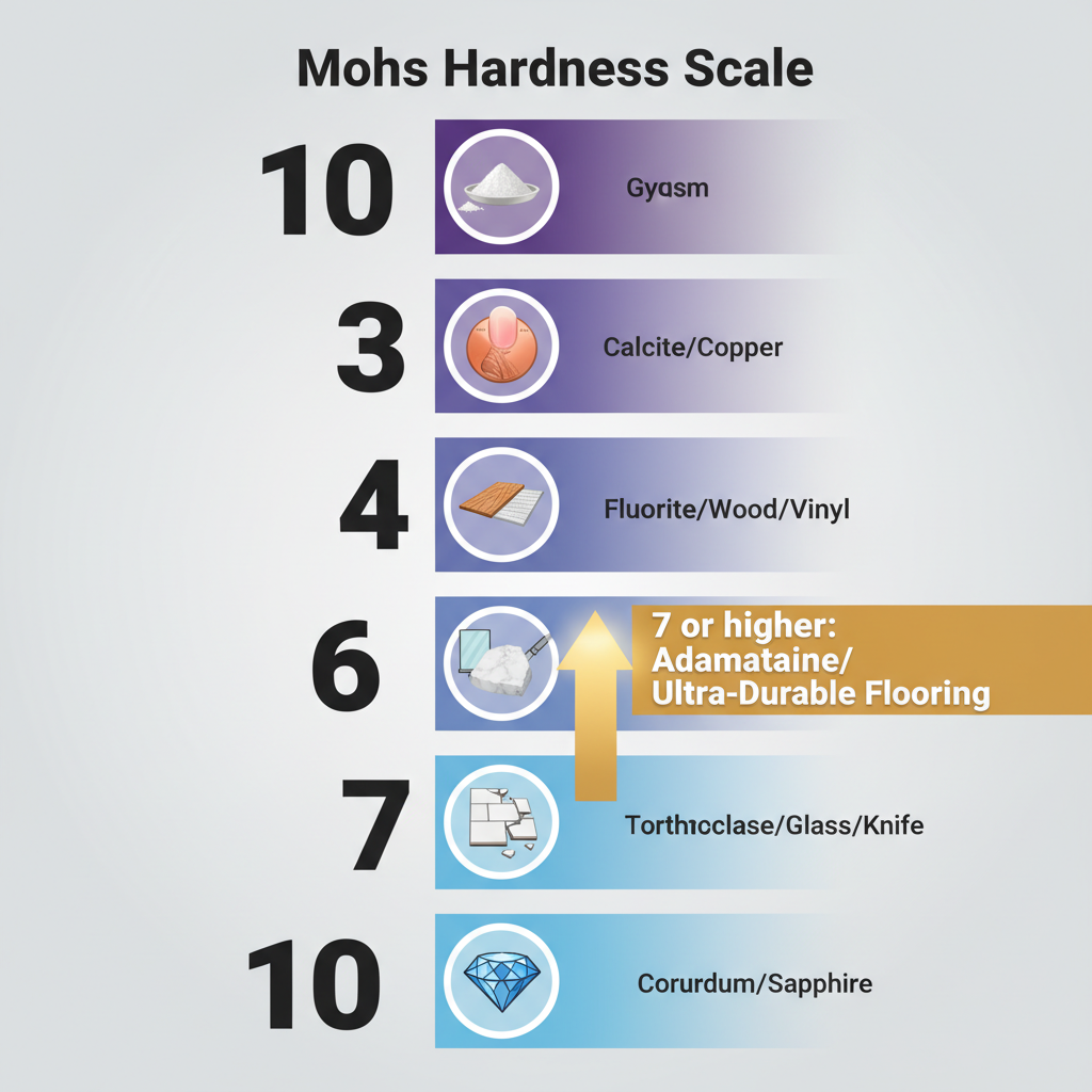 Understanding the Mohs Hardness Scale for Flooring An infographic showing the Mohs hardness scale from 1 to 10, with various materials like wood, marble, quartz, and diamond, highlighting the '7 or higher' range for ultra-durable flooring.
