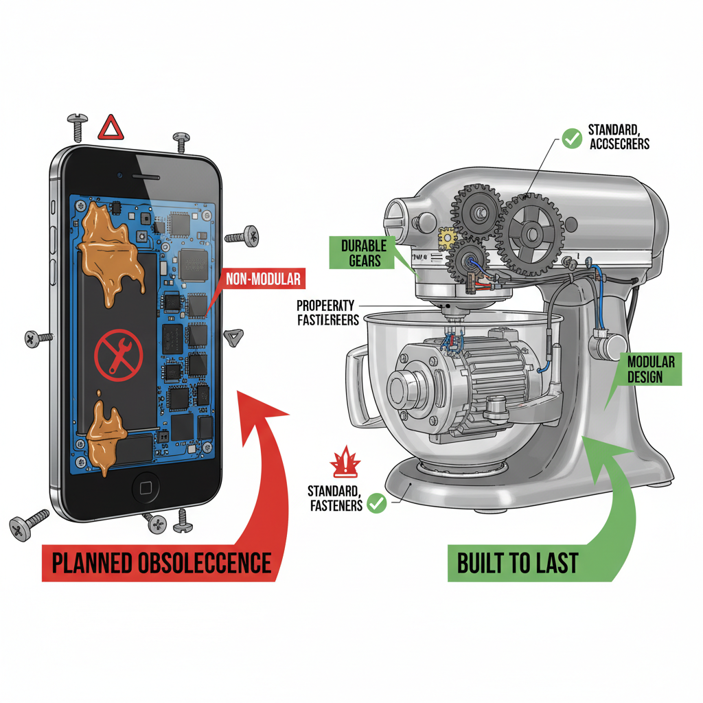 A 'cutaway' or 'X-ray vision' illustration of two contrasting products. On one side, a sleek, outwardly 'premium' electronic device (e.g., a smartphone or appliance) is shown with an X-ray view revealing hidden internal flaws: glued-in batteries, non-standard screws, and cheap, non-modular components, symbolizing planned obsolescence. On the other side, a truly durable product (e.g., a high-end kitchen appliance or a professional tool) is shown with its internal components clearly visible, demonstrating modularity, robust construction, and easily accessible, standard fasteners. Style: technical illustration, clean lines, with distinct visual cues for 'red flags' versus 'quality indicators.'