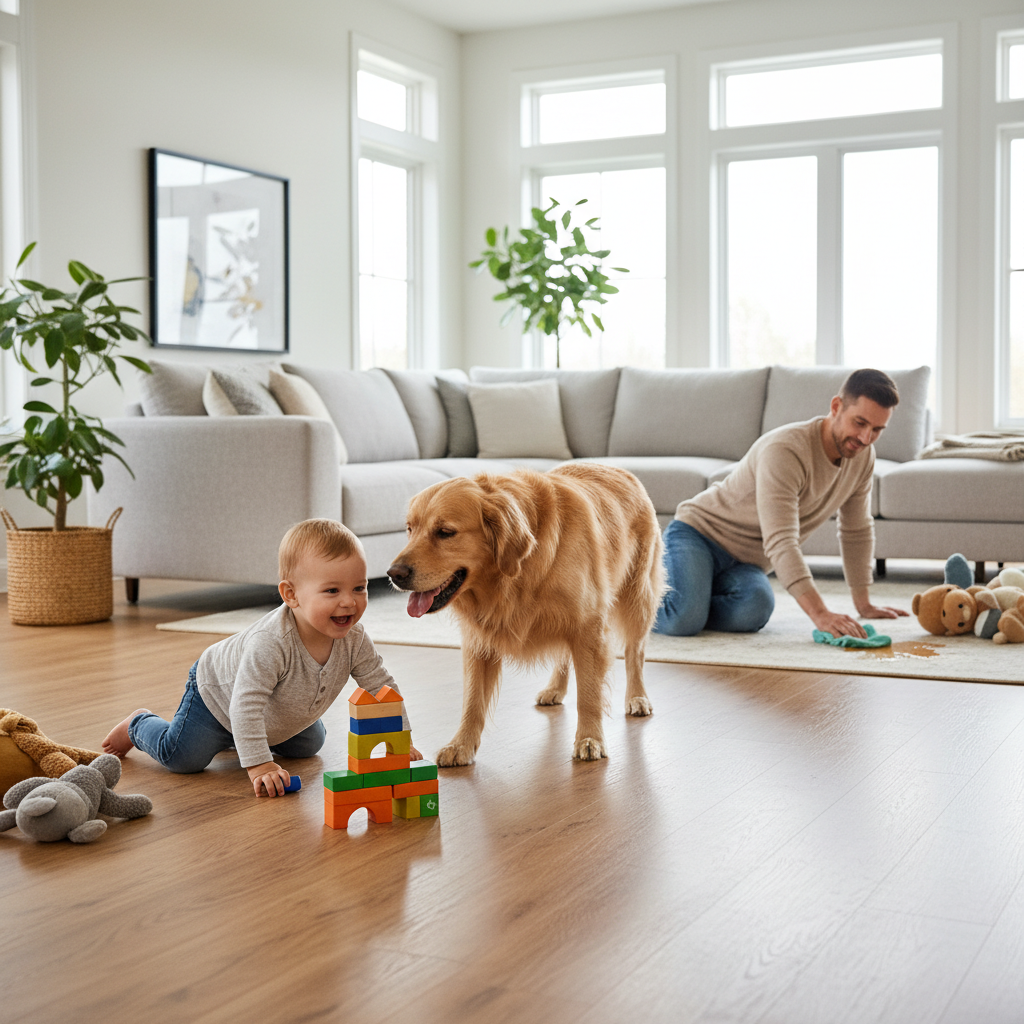 A vibrant photo of a happy family, including children and a dog, playing on a pristine adamantine-grade LVP floor, with a parent casually wiping a spill.