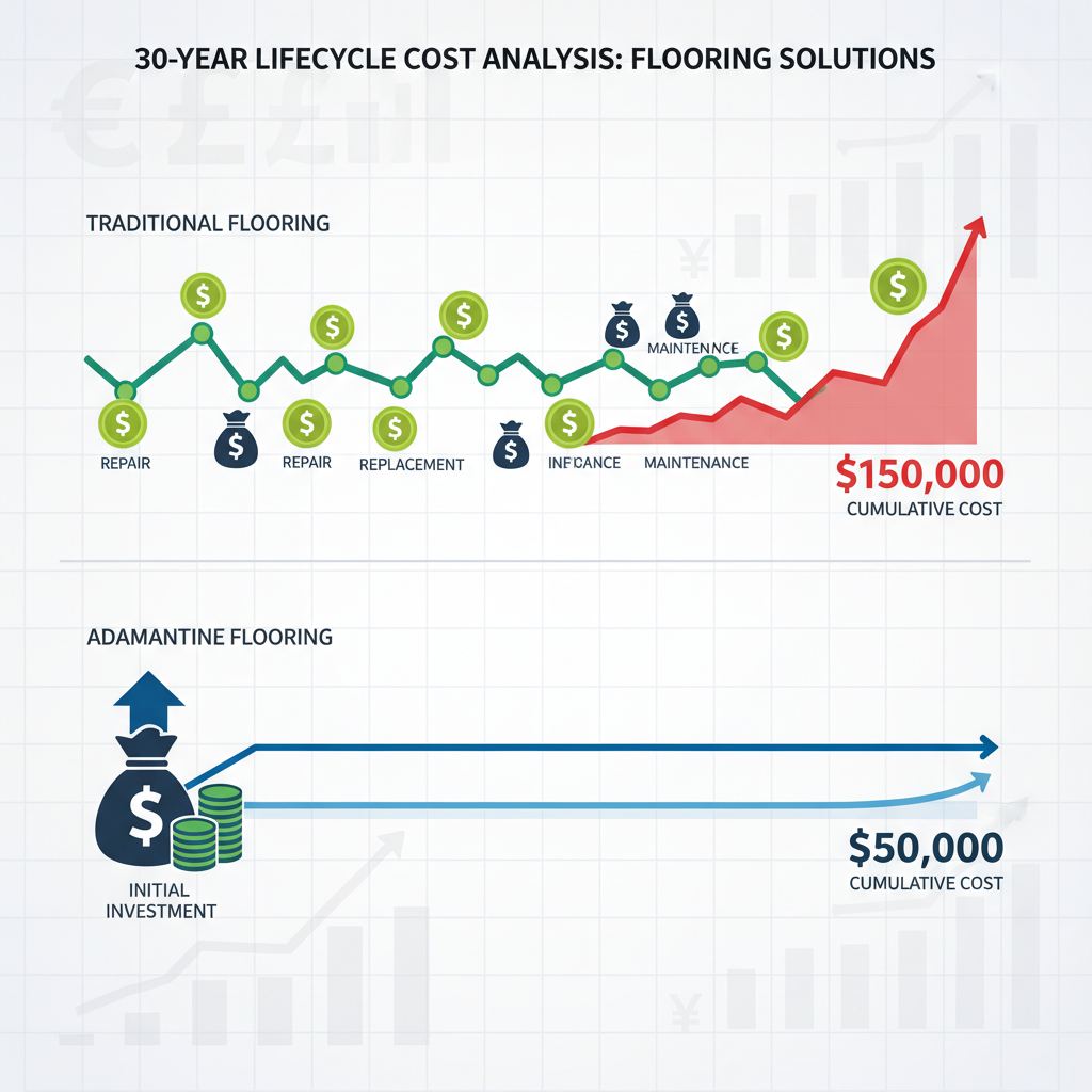 A visual representation of a 30-year lifecycle cost analysis. Two parallel paths or timelines extending into the distance. The 'Traditional Flooring' path is jagged, with frequent stops where money bags are being spent on repairs, replacements, and maintenance, showing a cumulative higher cost. The 'Adamantine Flooring' path is smooth, straight, with a single, larger investment at the beginning, leading to a stable, long-lasting structure, symbolizing lower overall cost over 30 years.