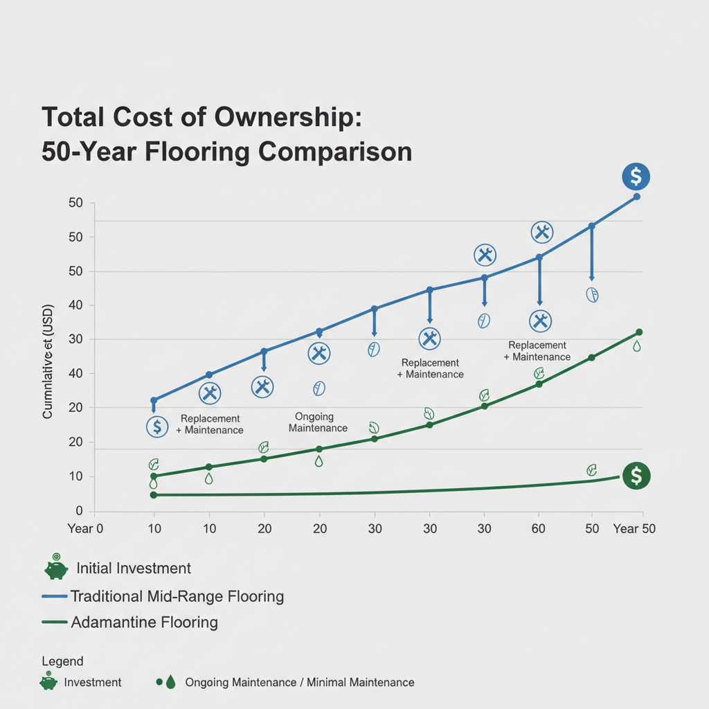 Infographic comparing 50-year Total Cost of Ownership for traditional mid-range flooring (rising cost with replacements) vs. adamantine flooring (higher initial, flat long-term).