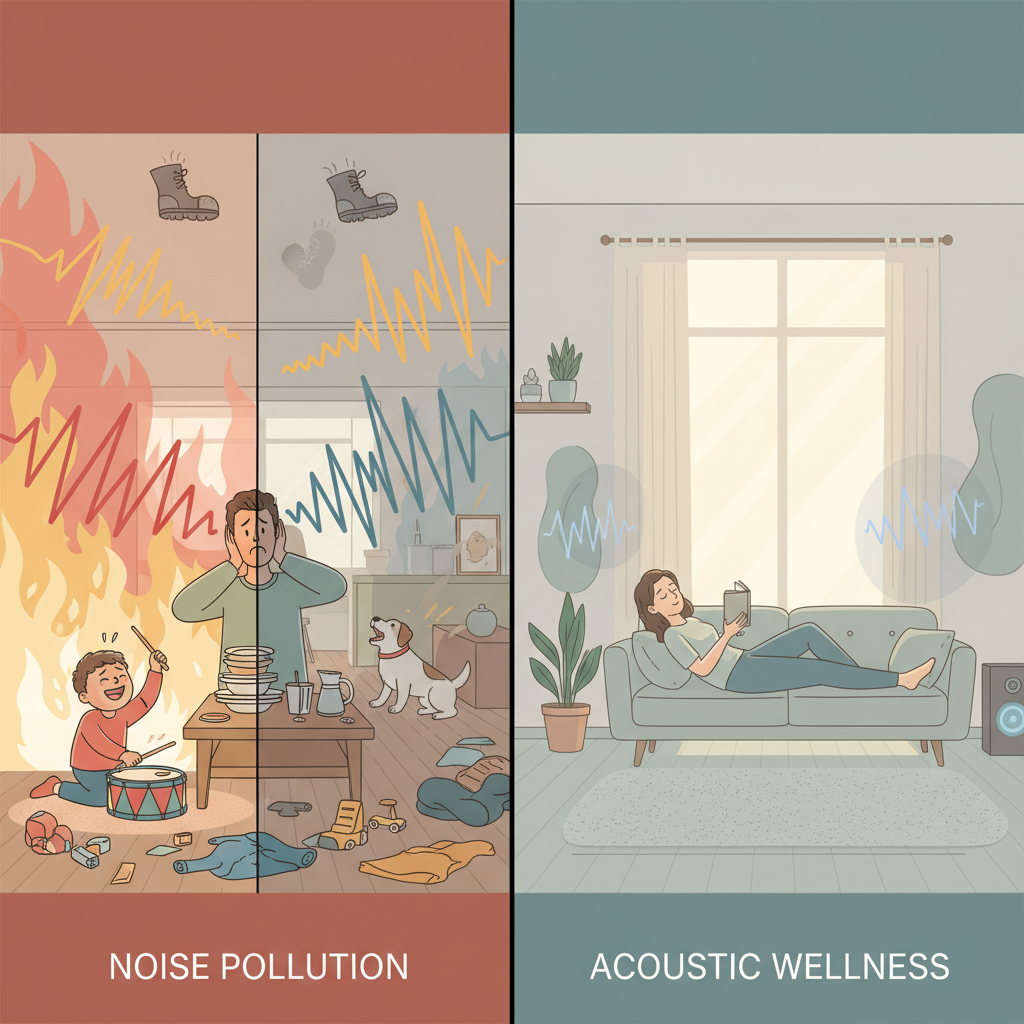 A split image illustrating "Acoustic Wellness." On the left, a chaotic home scene with visible sound waves emanating from a child playing loudly, a barking dog, and footsteps from above, causing a person to look stressed. On the right, a serene, minimalist home interior with soft, diffused light, a person relaxing peacefully, and subtle, absorbed sound waves, symbolizing tranquility.