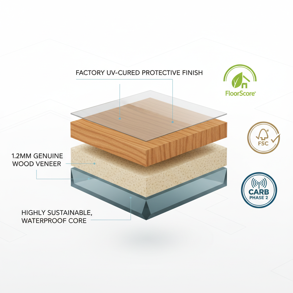 A sophisticated, clean cutaway diagram of Adamantine flooring. Clearly show the distinct layers: a prominent 1.2mm genuine wood veneer on the top surface, a highly sustainable and topically waterproof core beneath it, and a transparent, protective factory UV-cured finish as the outermost layer. Around the diagram, display three distinct and recognizable certification badges: FloorScore, CARB Phase 2, and FSC, integrated cleanly into the design with a modern, infographic aesthetic.