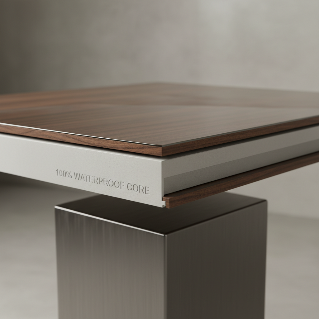 Product shot of an Adamantine flooring plank showing its layered construction with real wood veneer, aluminum oxide finish, and waterproof rigid core.